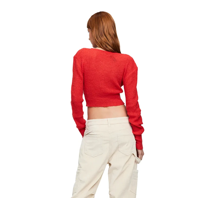 Fashionable office ladies long sleeve deep v-neck crop cardigan wool-blend thin and light knitted sweater