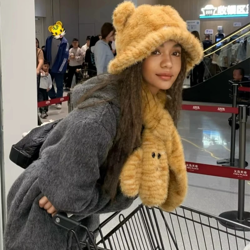 High Quality Custom Cute little tiger plush ears fisherman hat for women winter neck warmer cartoon neck scarf two-piece set