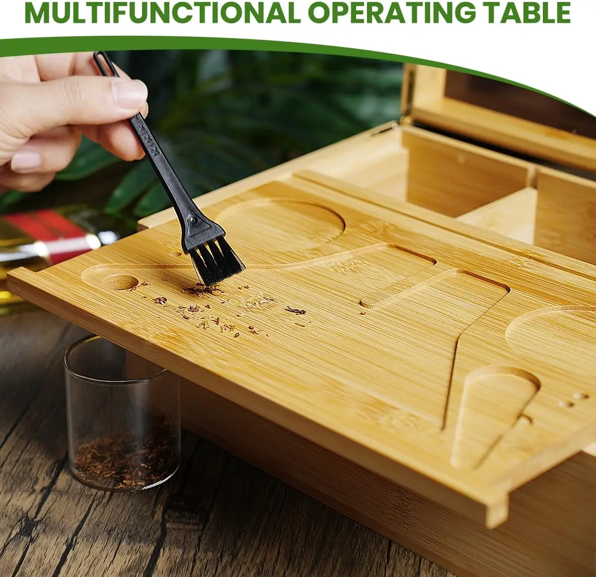 Large Bamboo Box with Combination Lock Decorative Box with Glass Jar & Brush For Home,Wooden Lockable Container with Large Tray