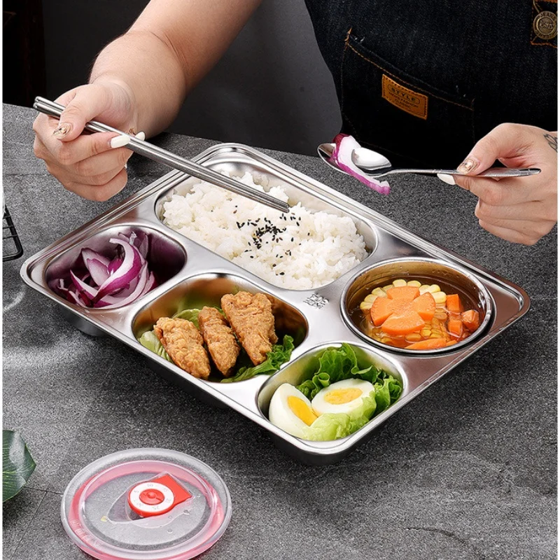 Premium Thickened Stainless Steel Dinner Plates Food Divider Dish Tray with Lid for School Canteen Restaraut Buffet Custom LOGO