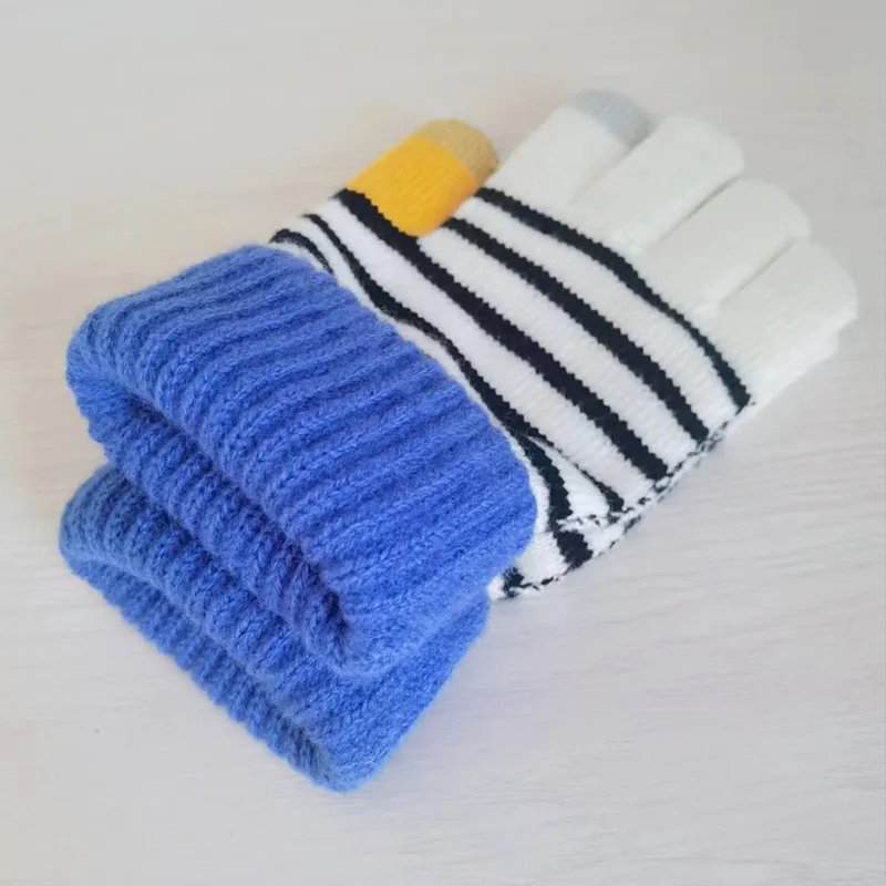 Зимние перчатки мужские и женские двухслойные плотные Полосатые Шерстяные перчатки с ворсом