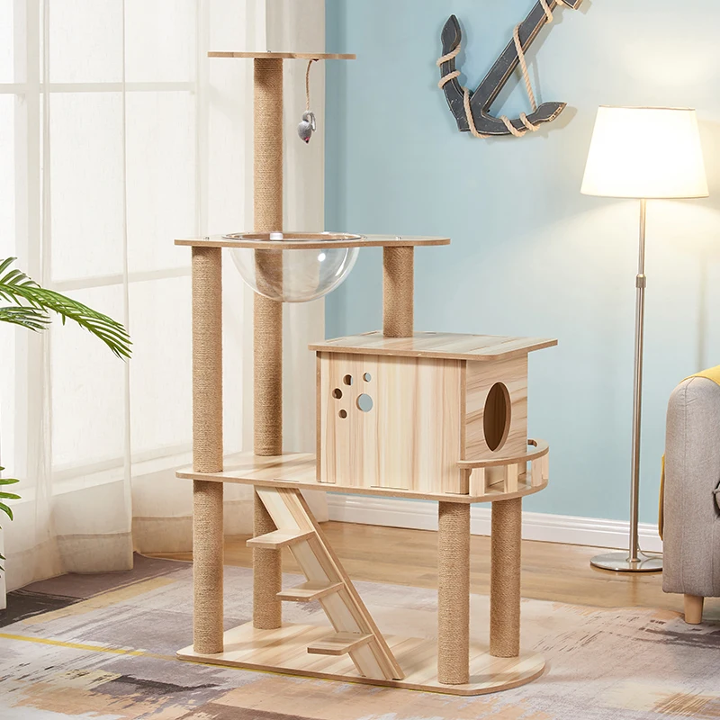 interactive toy luxury wooden climbing cat tree tower with space cover