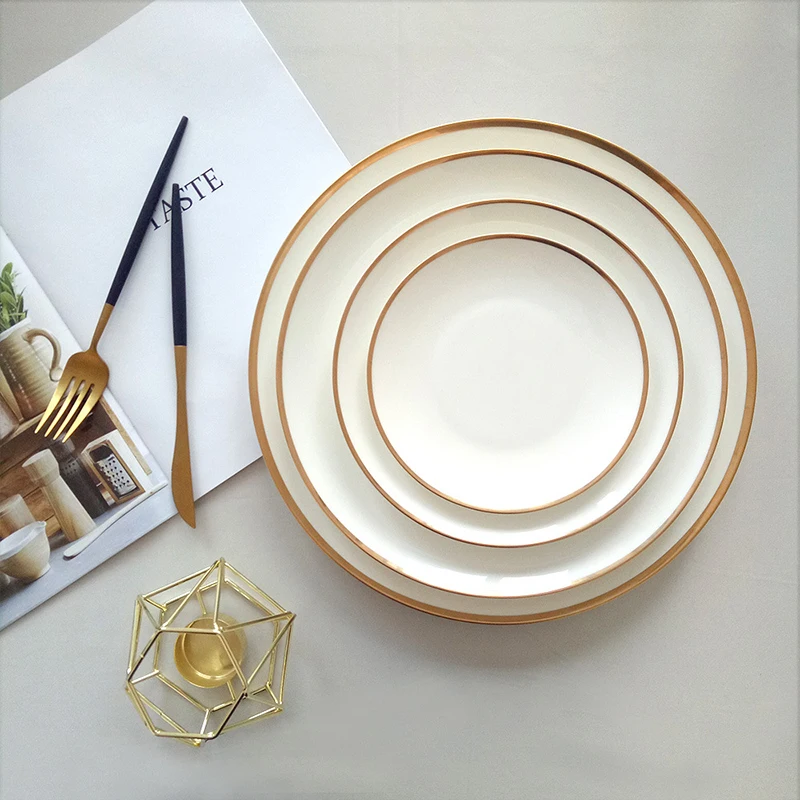 Dinnerware Wholesale Fine China Dinnerware Sets Luxury White Plates With Gold Rim Dishes Plates Ceramic