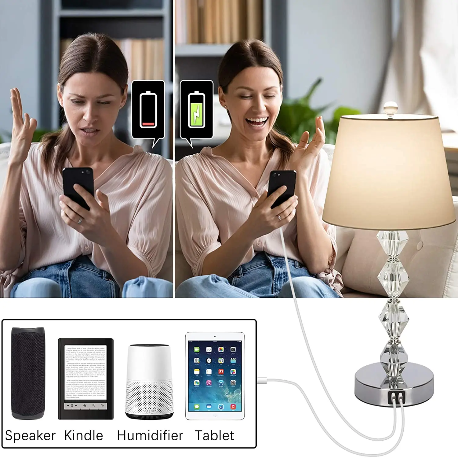 Touch Control Crystal Table Lamp 3 Way Dimmable Bedside Lamp with 2 USB Charging Ports