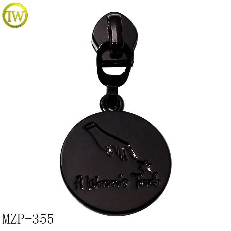 Custom made gunmetal zipper puller tape garment accessory round logo metal puller slider tags for leather crafts