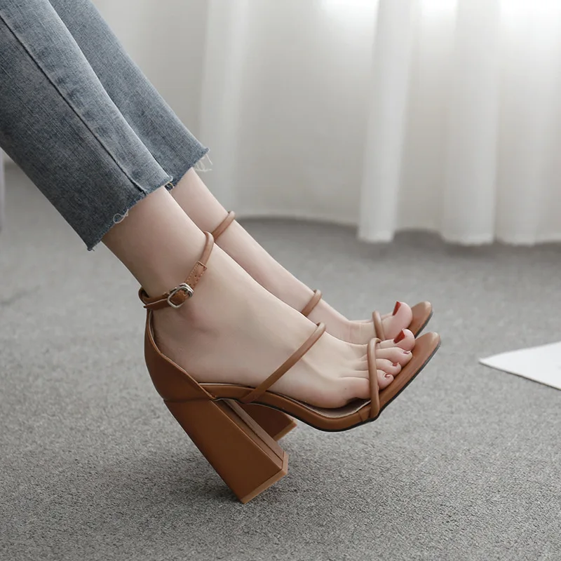 CSS404 chunky heel brown leather sandals for women