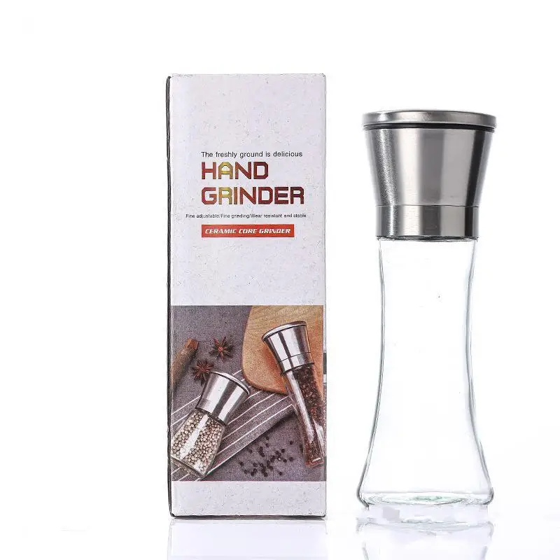 Gloway Kitchen Gadget Refillable Stainless Steel Glass Salt Spice Shaker Ajustable Coarse Mill Salt And Pepper Grinder W/ Funnel