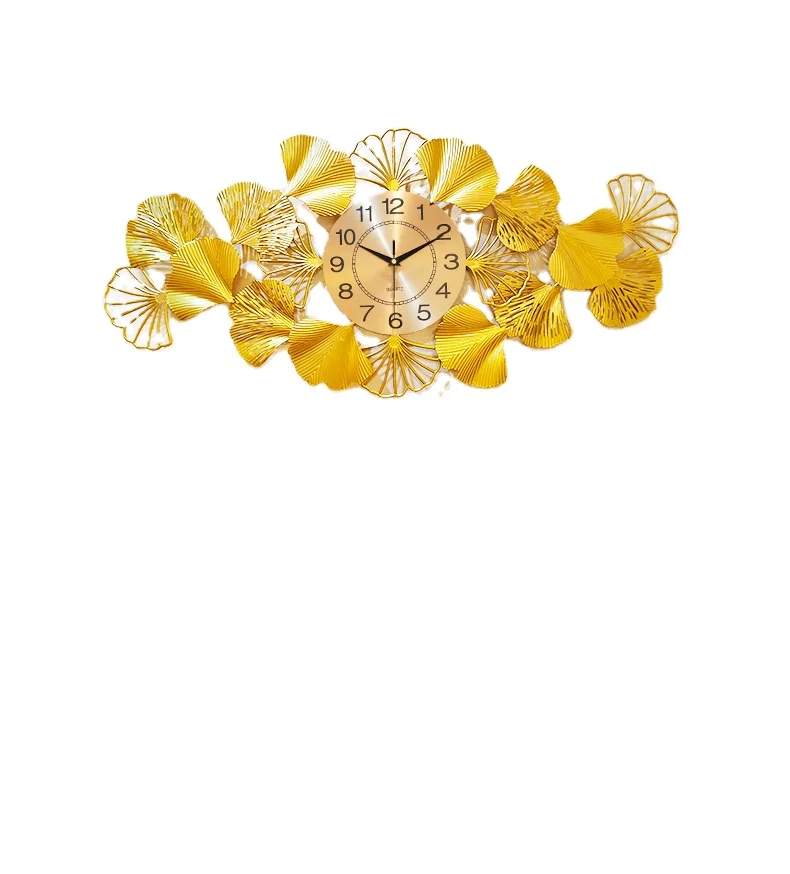 Wall Clock Gold Ginkgo Biloba Flower Retro Home Living Decor Metal Art