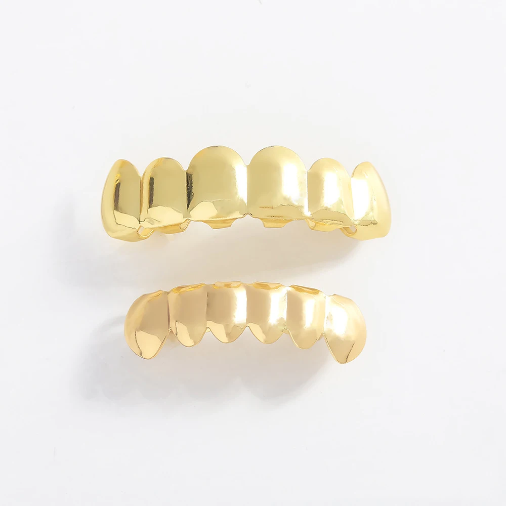 Punk Copper Real Gold Plated Top Bottom Teeth Grillz Smooth Flat Punk Grillz For Teeth Factory Wholesale Price