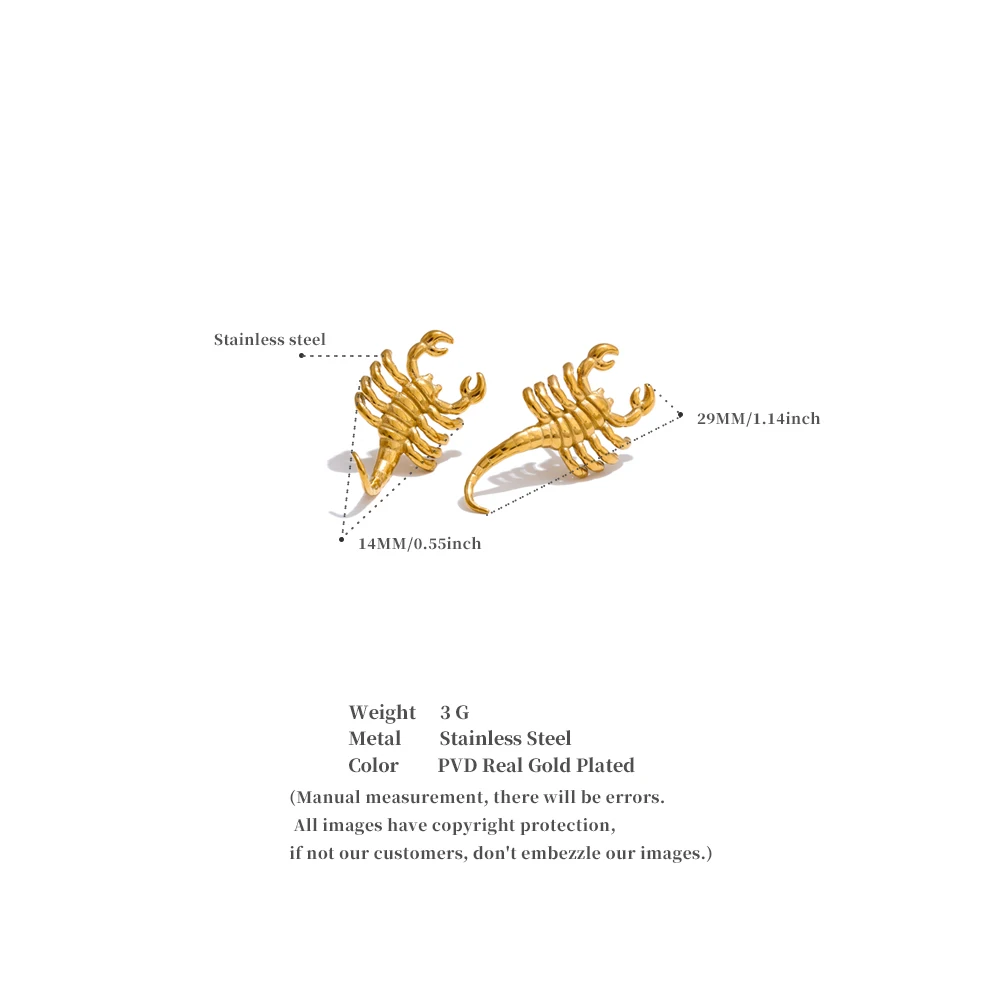 JINYOU 4833 Scorpion Shape Stainless Steel Metal Ear Studs Trendy 18K Gold PVD Plated Stud Earrings for Women Jewelry Gift