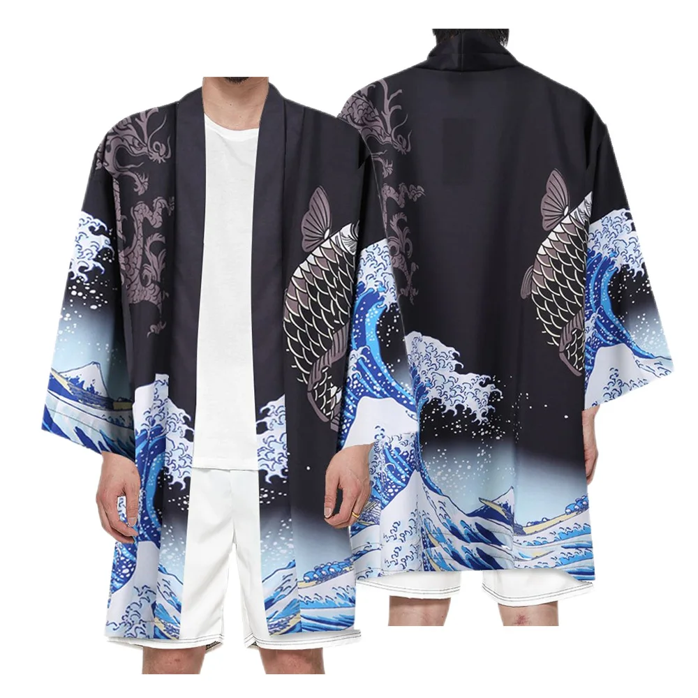 Japanese Ukiyo-e Sea Carp 3d Digital Printing Kimono Haori Cosplay Long Cape