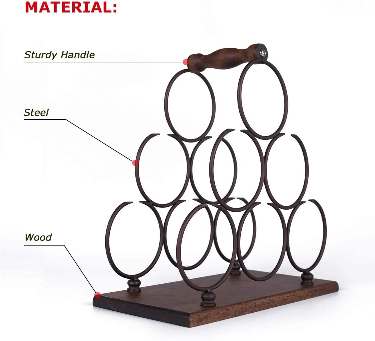 Wood Wine Rack Countertop 6 Bottles Wine Holder with Sturdy Wood Handle, Free Standing Wine Storage for Home Kitchen Pantry