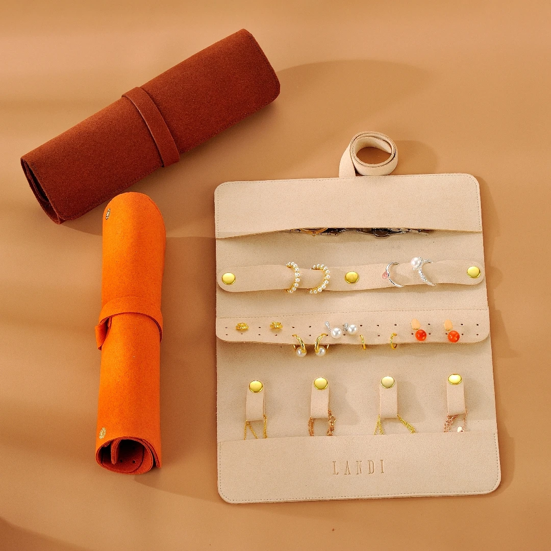 Landi Custom Logo Luxury Jewelry Organizer Roll Up High Quality 1.4mm Microfiber Travel Jewelry Storage Organizer Bag Pouch