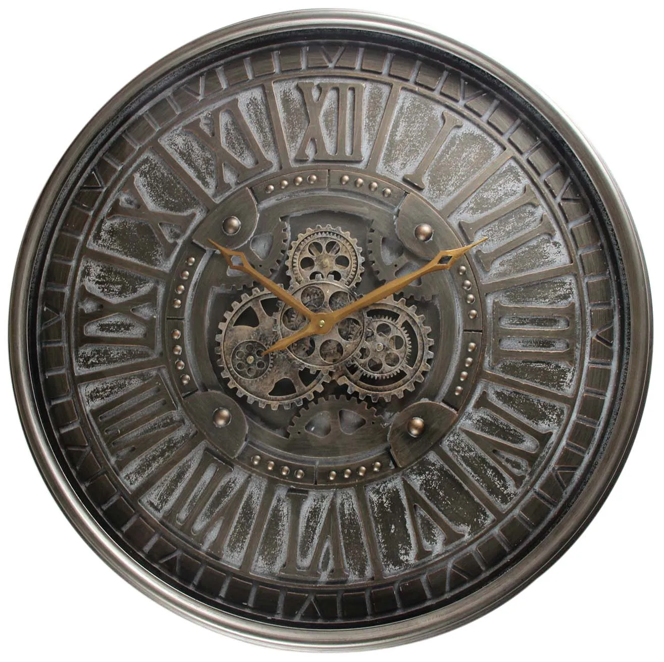 Oversized rustic industrial metal wall clock with moving gears for sale