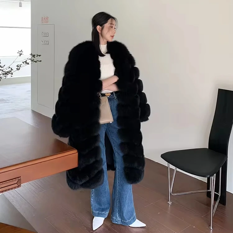 High-End X-Long Real Fox Fur Coat Women Luxury Genuine Fur Jacket Fashion Furry Overcoat Winter Ladies