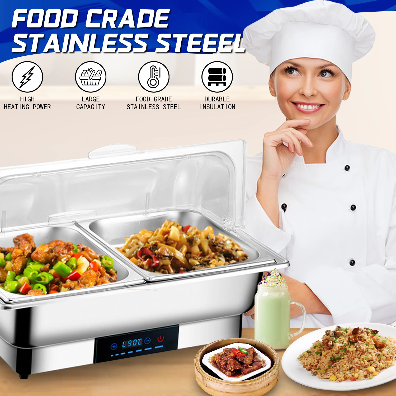 YITIAN Electric Stove 201Stainless Steel PC Cover buffet set Food Buffet Servers Warmers with Roll Top