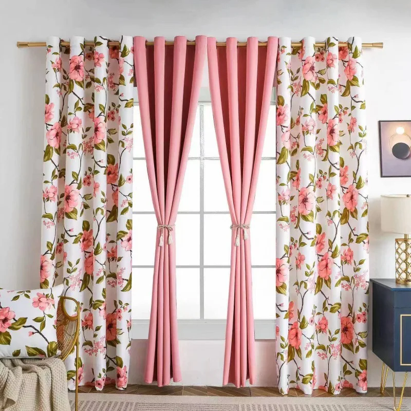 Yellow Navy Blue Solid Color Mix Flower Waterproof Rod Pocket Grommet Living Room Curtains