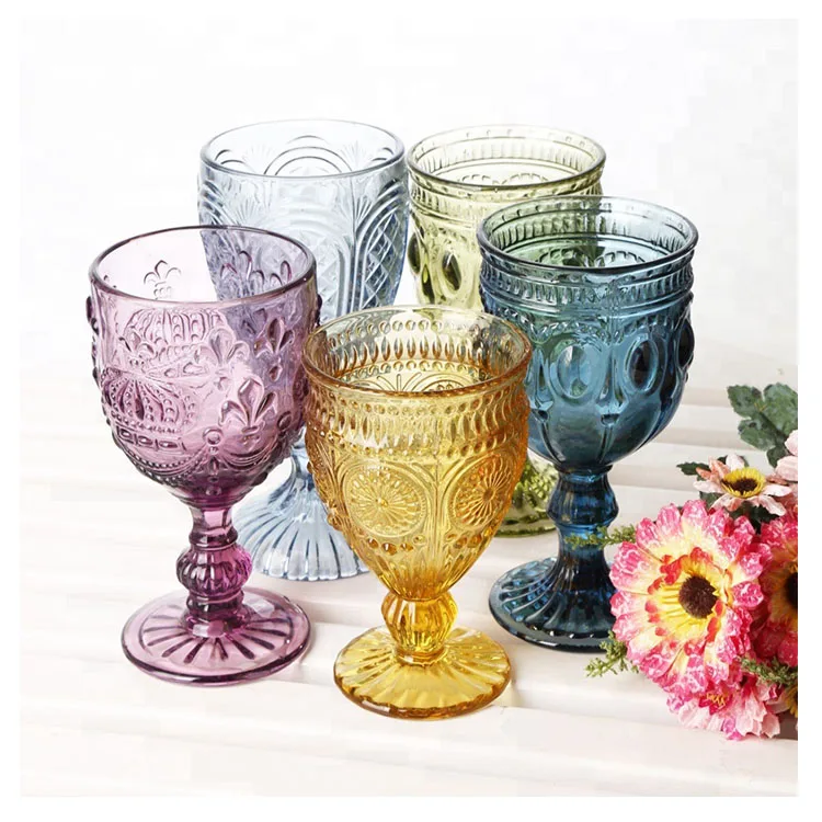 
Machine Pressed Novelty Decorative Colored Embossed Short Stem Vintage Crystal Antique Wine Glasses 