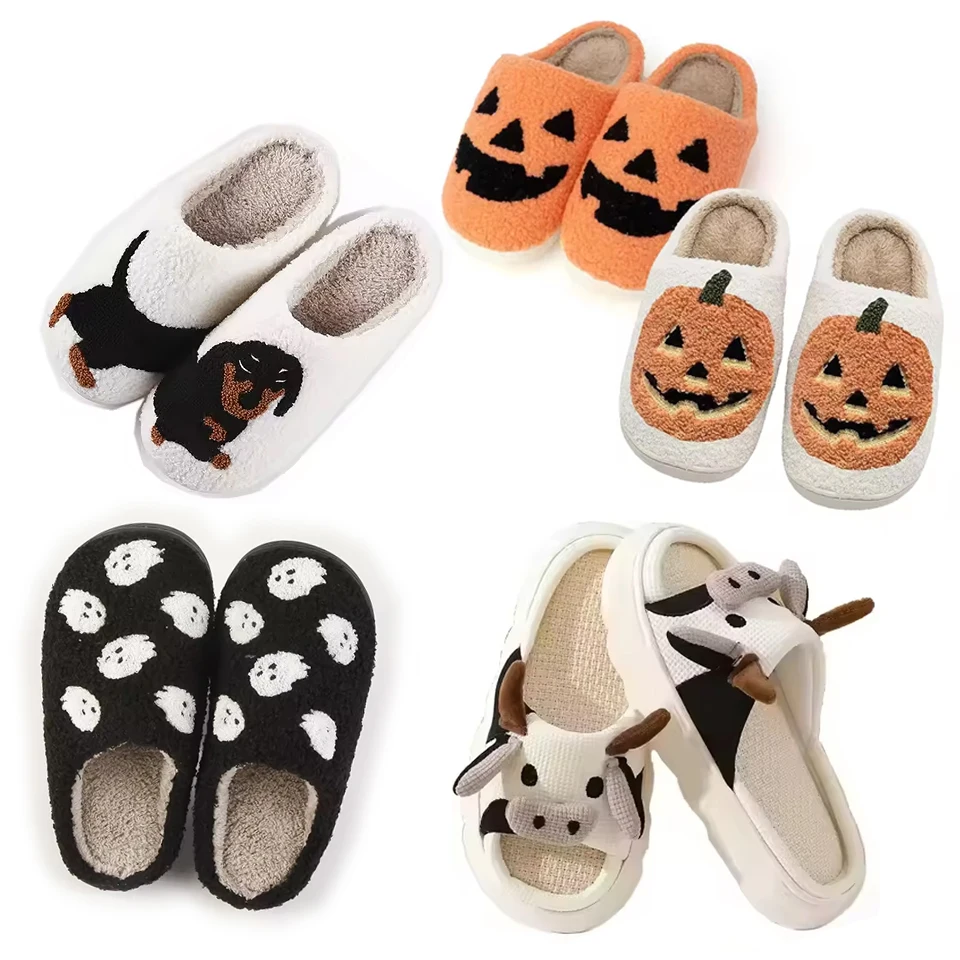 Halloween Sausage Dog SLIPPERS FUZZY Set Comfy Stylish Animal Cow Pig Face Linen Slipper Pattern Slides Ladies slipper