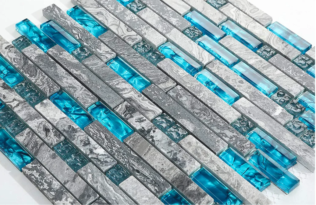 DS Polished Gray Marble and Teal Blue glass mosaics Random Interlocking tiles Kitchen Bathroom designed by