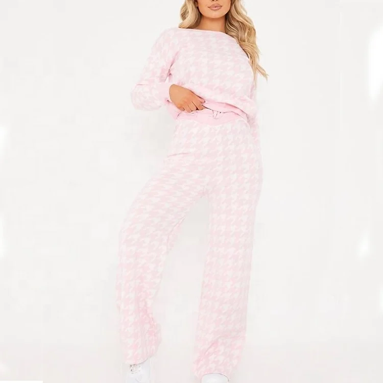 OEM custom pattern Women ladies slash neck long sleeve loungewear co-ord tracksuit 2 piece set ribbed cotton womens loungewear