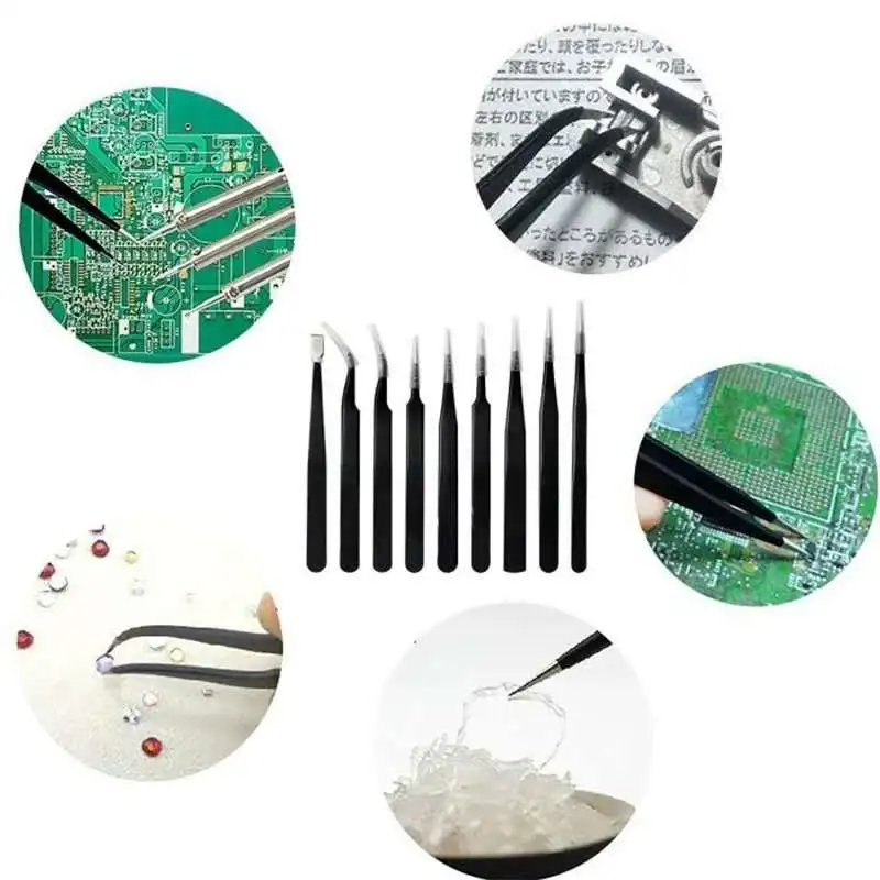 precision rubber tipped stainless steel anti-static tweezer sets esd tweezers series for computer repair tools