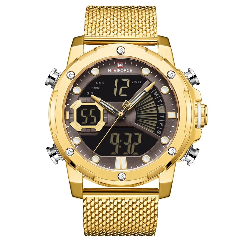 Hot style NF9172S stainless steel mesh dual display time alarm quartz digital wristwatch men sports