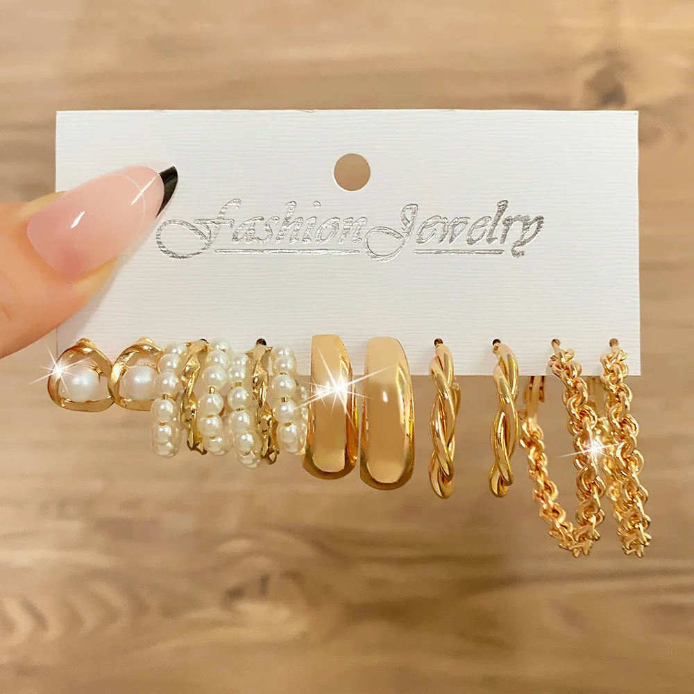 Wholesale Creative Vintage Card Earrings Set 12 Sets Gold Plated Alloy Love Pearl Lock Snake Butterfly Mushroom Lock Ear Buckle