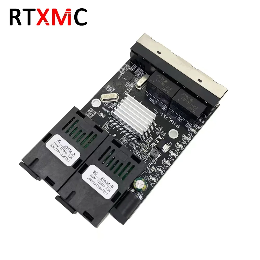 RTXMC Factory Supply Fast 155M reverse poe switch pcb board 2SC 4RJ45 fiber optic media converter 10/100Mbps 2FO 4LAN