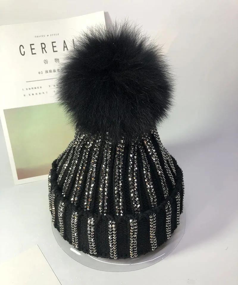 Winter Women Knitted Beanie Hat Real Raccoon Fur Pompom all diamond Hat for Female Warm Chunky Thick Stretchy Hat