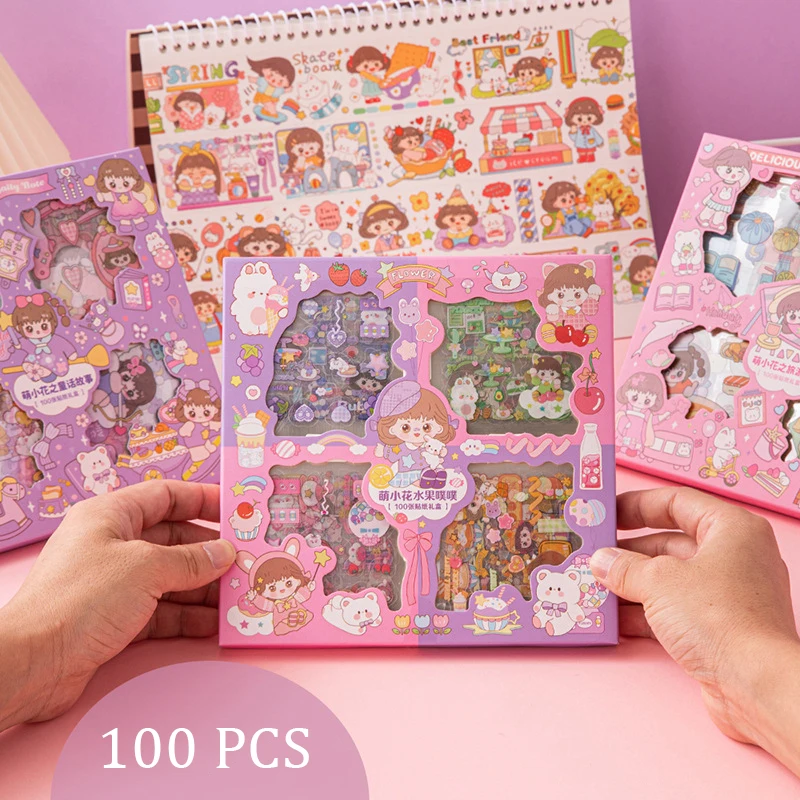 100 Pcs Cartoon Stickers Girls Students Promotional Gifts PET Waterproof Decoration Sticker Set