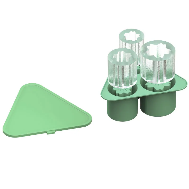 Creative Ice Cube Silicone Mold Tray With Cover Large 3d Cylinder Triangle Shape Silicone Ice Cube Mold For Stanley Cup