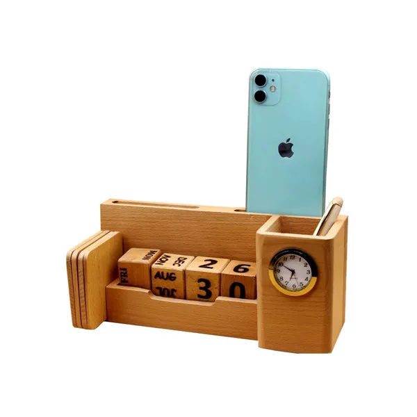 Office Beech Wooden Pen Holder with XL Calendar For Office Table Visiting Card