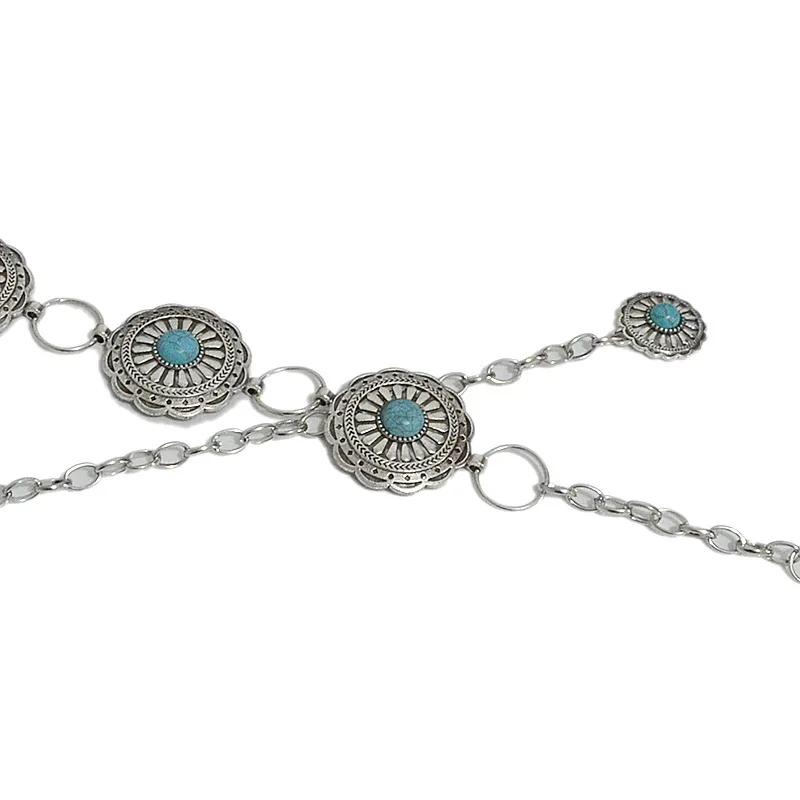 Western Turquoise Concho Chain Belt for Women Silver Oval Flowers Chain Belt Adjustable Metal Belt With Buckle for Women Dresses