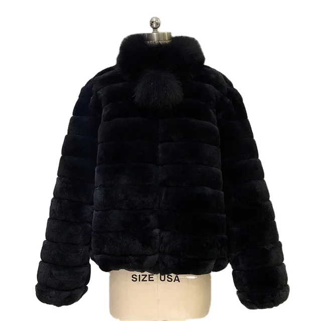 
Real fur coat top quality dyed chinchilla color real fox fur collar zipper with pompom Winter rex rabbit women fur jackets 