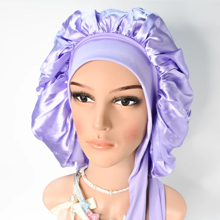 Custom logo solid Satin Bonnet with Wide Stretch Ties Long HairNight Sleep Hat Adjust Hair accessories bonnet
