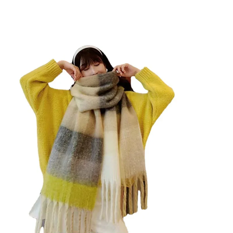 Rainbow plaid scarf female winter Klein blue thick braids color plaid warm and thick ins tide cute