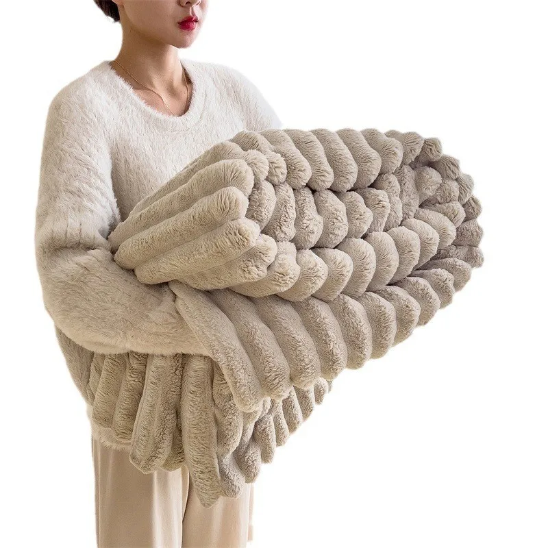 Multipurpose 100% Polyester Fiber Faux Fur Rabbit Hair Striped Throw Blanket Plush Baby Sofa Blanket for Office Nap