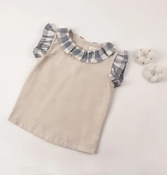 Blue linen girl shirts Hot Solid Ruffle Trim Sleeveless Blouse  Cheap Wholesale Children Shirt Spring and summer