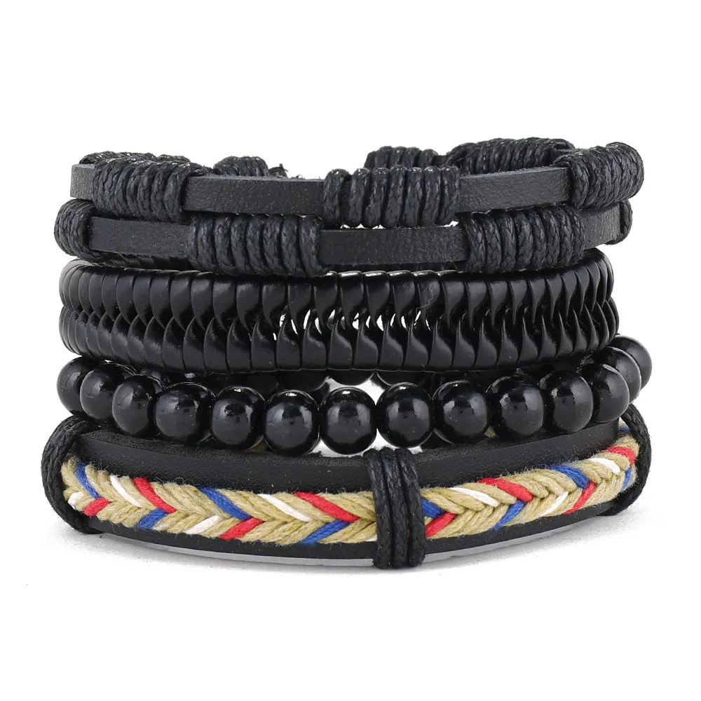 HM-70526 Hot Sale Men Black Leather Wrap Cuff Bracelets with Colorful Hemp Cords Wood Beads Ethnic Tribal Bracelets