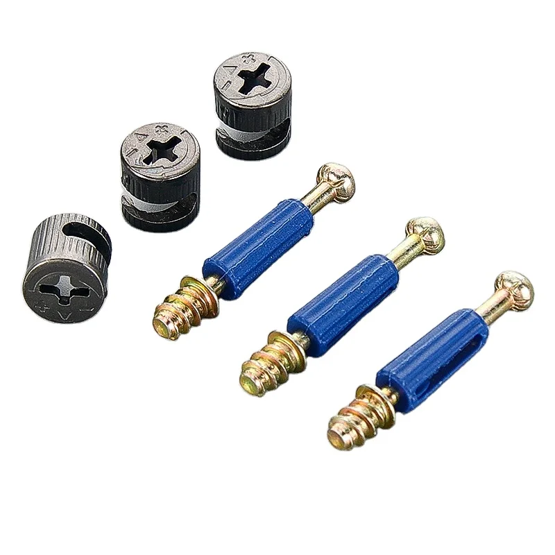 New listing GQK Furniture Fitting Mini Fix Cam 3-1 Connector Full Set Excentric Cam Rod Bolt Plastic Dowel Pre-Inset Cabinets