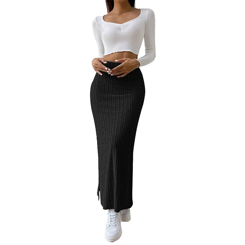 Custom OEM high quality Womens dress Autumn winter fashion casual simple  pit-striped A-line high-waisted split long skirt