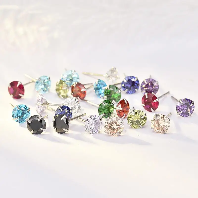 Memorials Birthdays Month Colorful Zircons Stud Earring For Women Girls 925 Sterling Silver 2PC Piercing Earring Jewelry