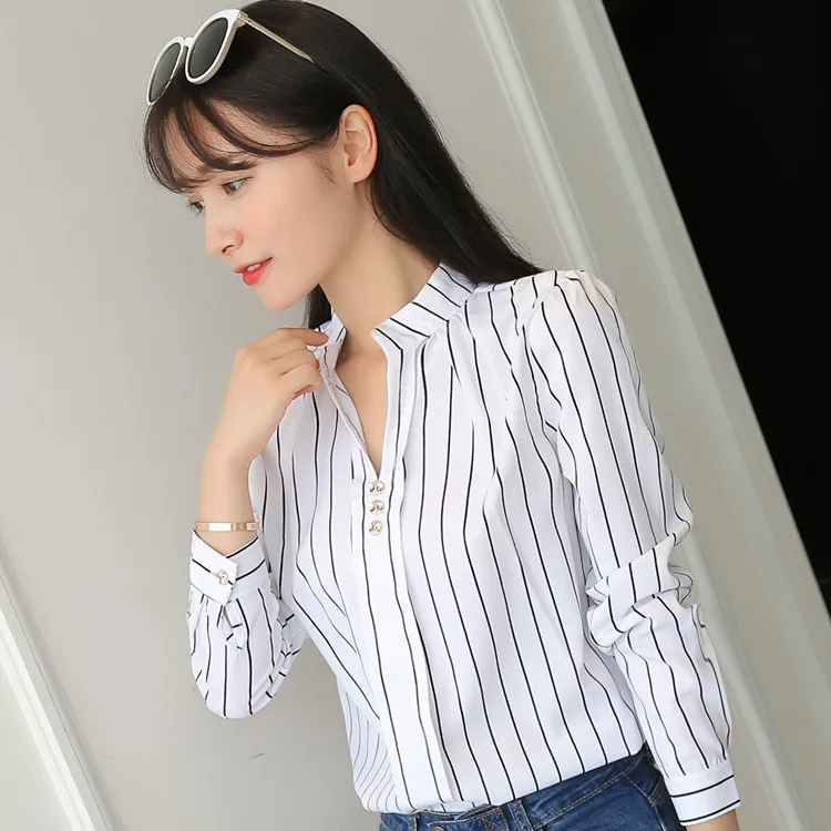 
Loose stripe stand collar blouse long sleeve white female summer and autumn new versatile casual shirt 