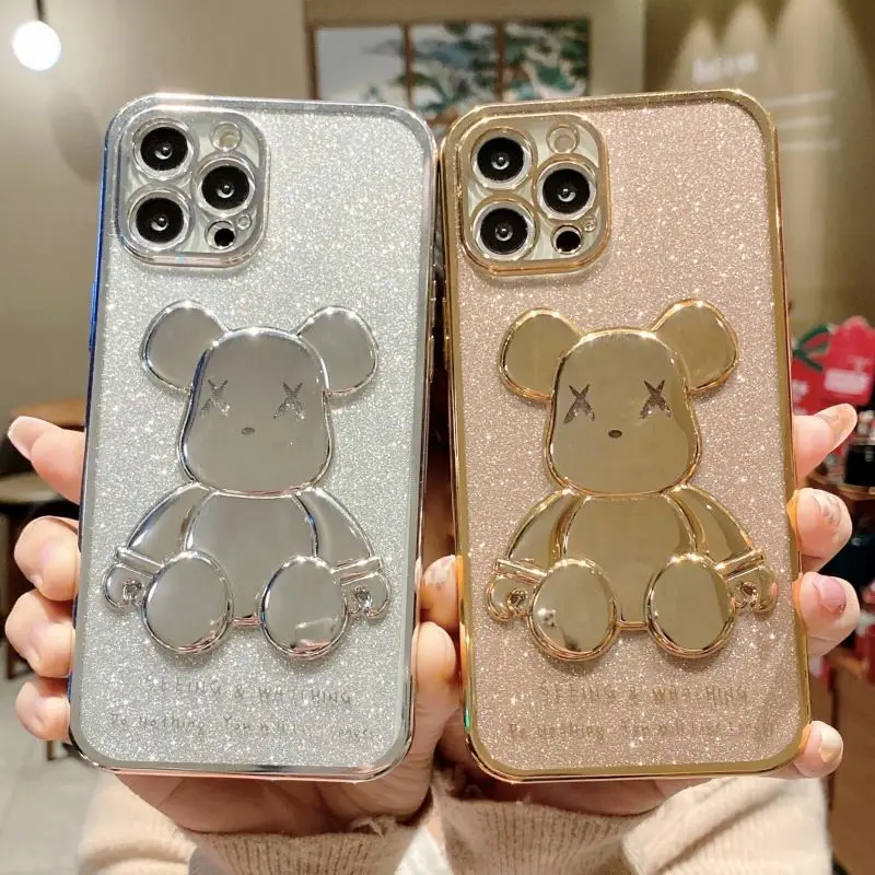 glitter transparent Silicone Lens Protection Cover Cute Bear Plating Phone Case for iPhone13 11 12 xs promax