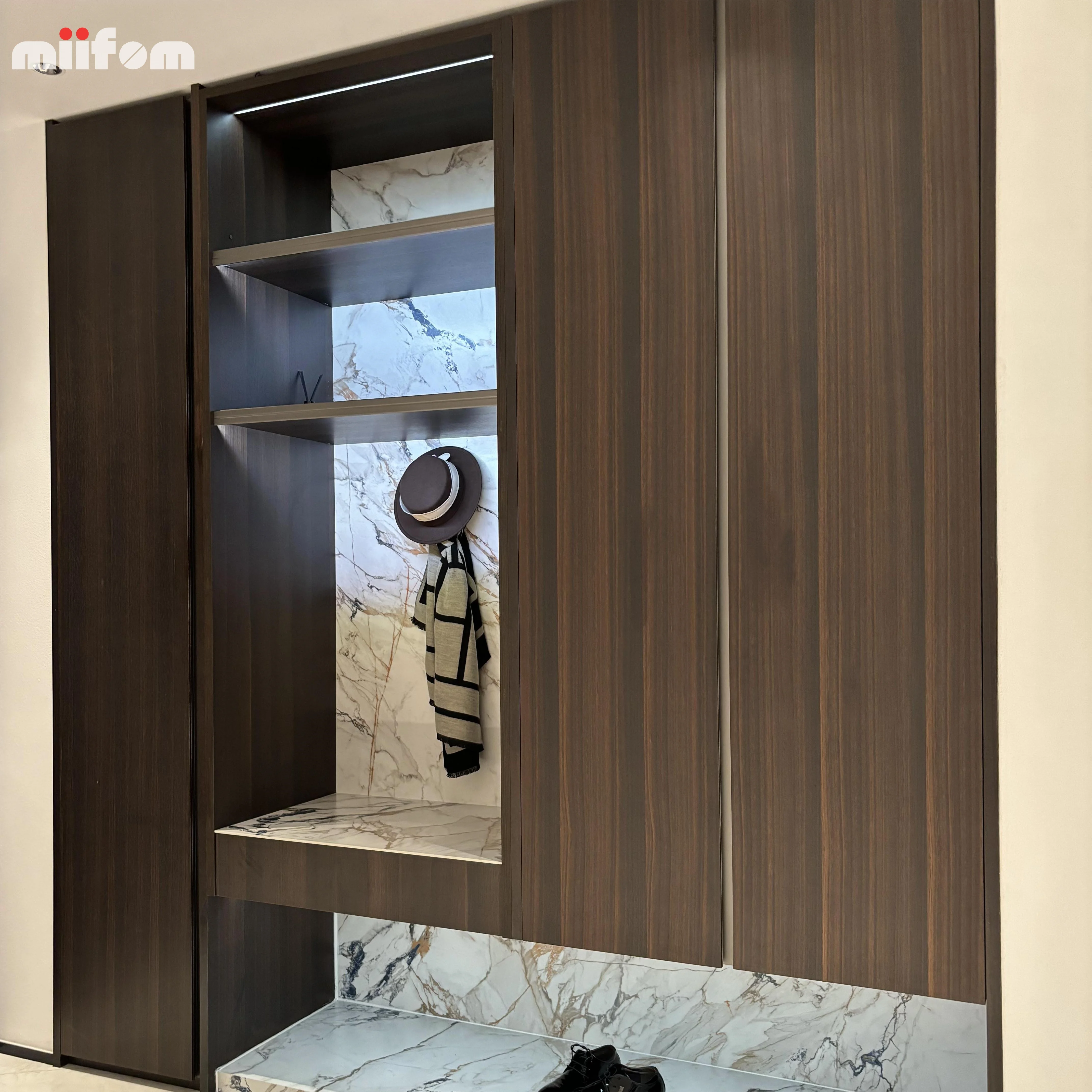 smoked oak hollow out design sense from floor to celling handles home shoes cabinet with open hanging clothes area