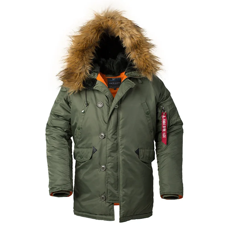 Polyester Fabric Windbreaker Winter Warm Wear Fur Hooded Thick Military Style Coat Men Jacket