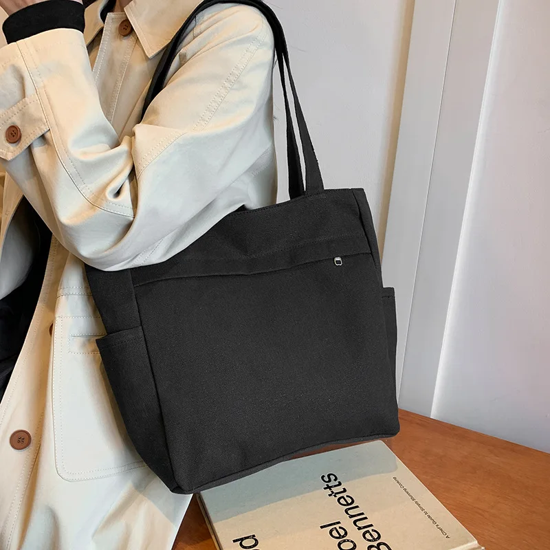 Custom logo simple design canvas tote bag portable large capacity women lady gril leisure underarm bag for daily use