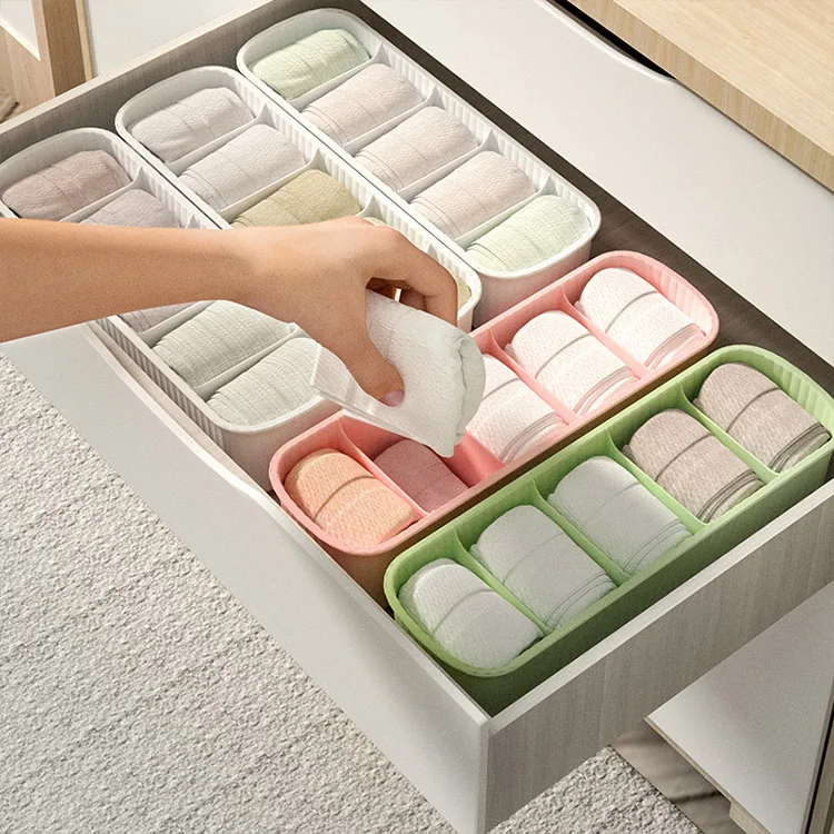 Household wardrobe drawer type underwear striped design plastic 5 compartment socks storage box