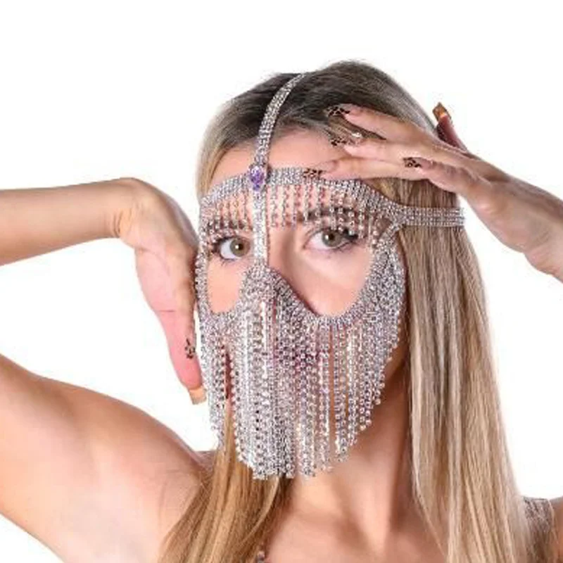 Masquerade Belly Dance Crystal Tassel Face Masking Hair Accessories Headdress Halloween Party Rhinestone Piece For Girls